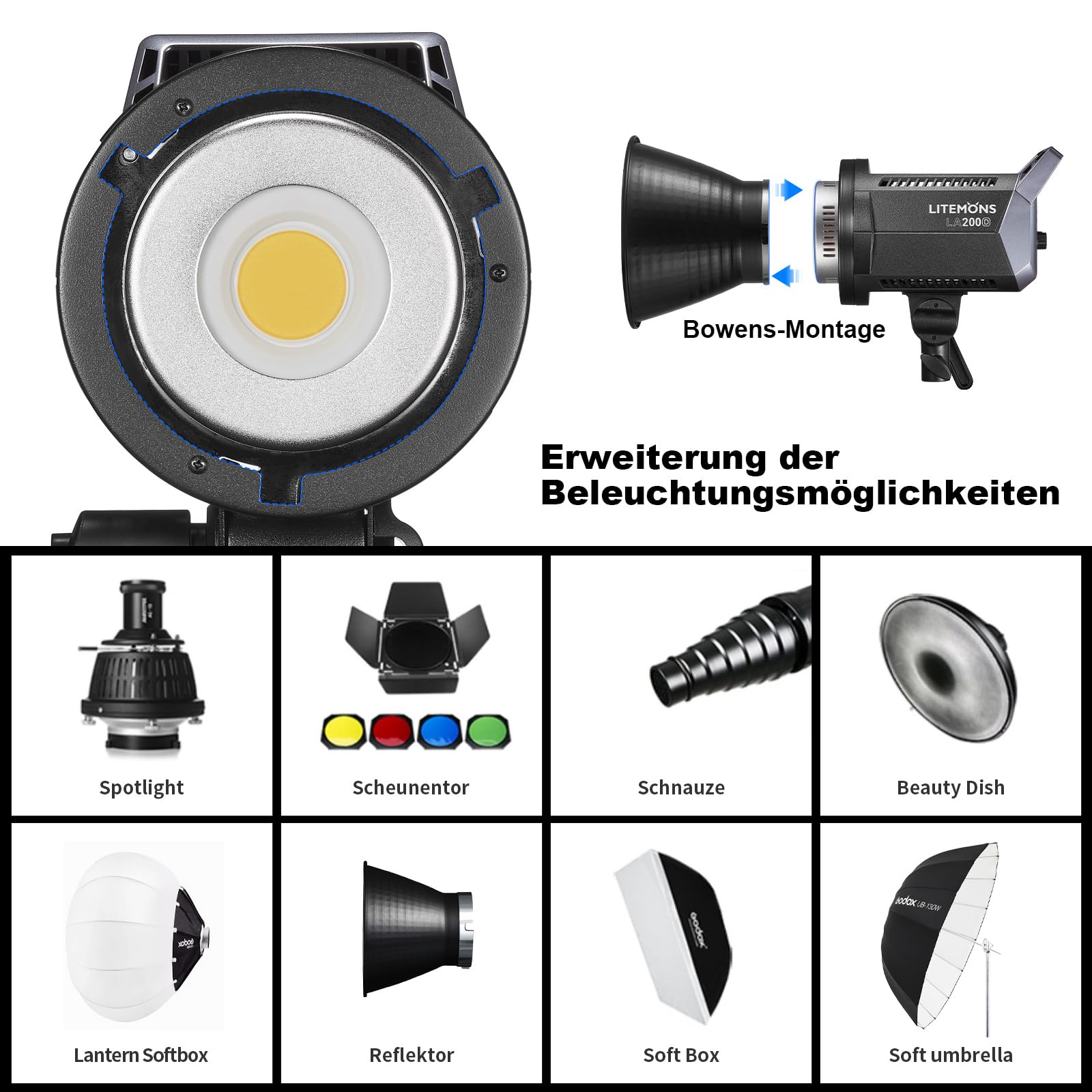 Godox Litemons LA200D Luce Video Led 230W,Daylight Continuous Output Light 5600K CRI 96+ TLCI 97+,101000lux con 8 effetti FX Bowens Mount e controllo APP per Livestreaming, video, Youtuber, Studio