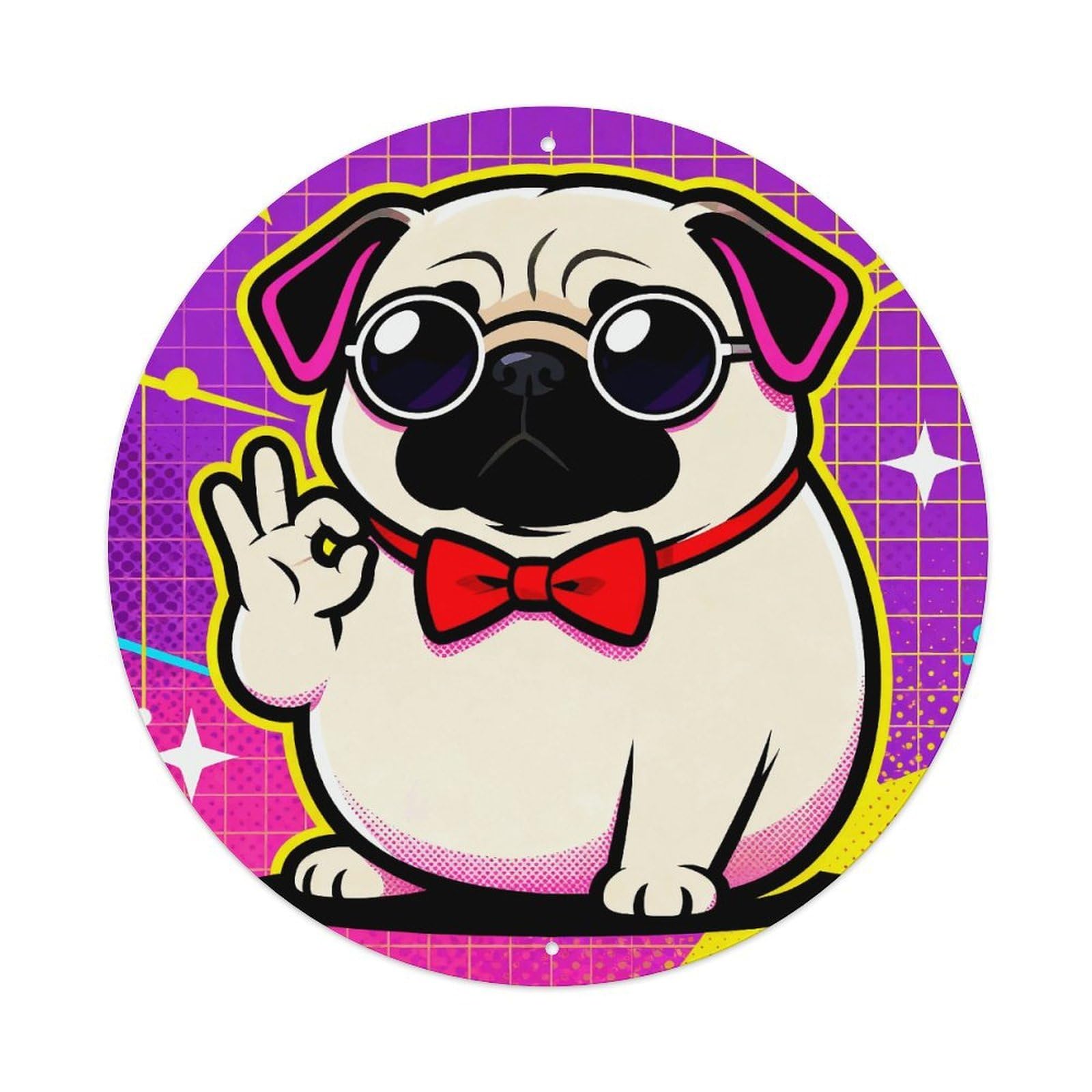 LZQPOEAS Cute Pug Dog Print Round Aluminum Wall Art Sign, Metal Indoor Wall Decor with Holes, Durable Circular Aluminum Plaque for Home, Bar, Cafe, Living Room, And Office Decoration