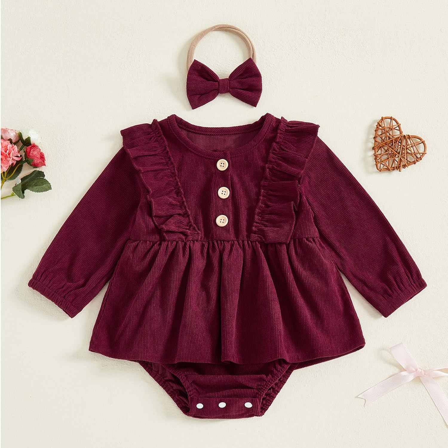 Karuedoo Newborn Infant Baby Girl Christmas Outfit Corduroy Ruffle Long Sleeve Romper Dress Tutu Jumpsuit with Headband - Image 5