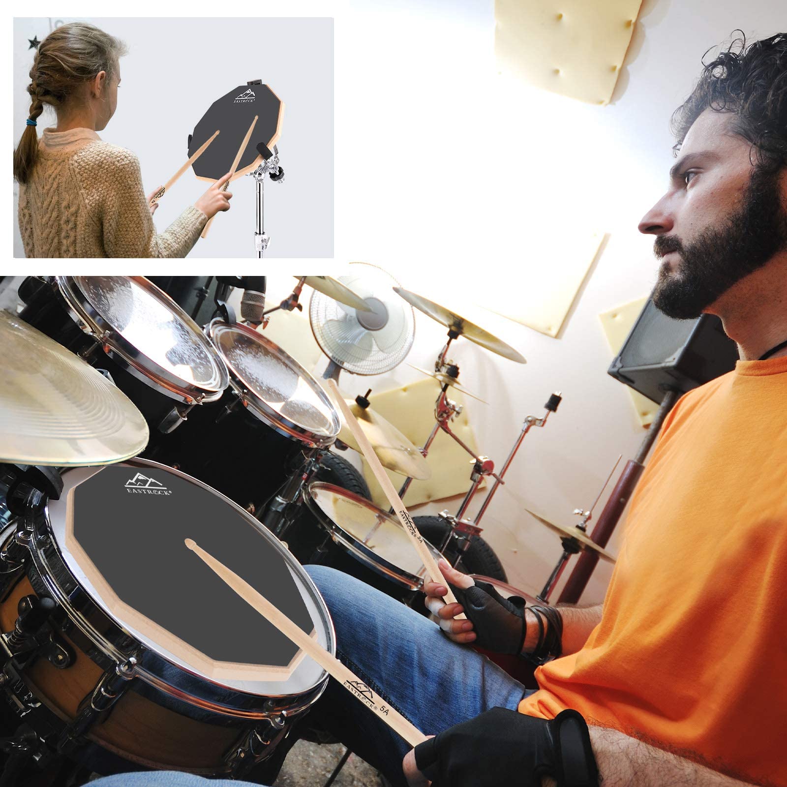 EASTROCK Schlagzeug-Übungspad,Drum Practice Pad 12 Zoll doppelseitig Kieselgel Übungspad mit Snare Drum Ständer Rucksack Drumsticks für erwachsene Anfänger Grau