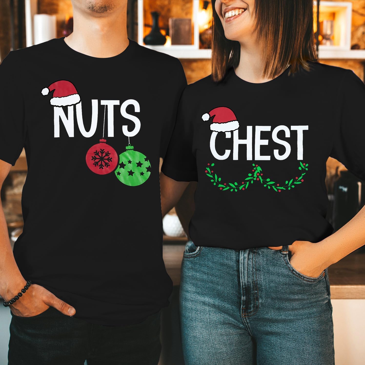 Chest and Nuts Christmas Shirts Xmas Couples Matching Outfits His and Her Holiday Short Sleeve Matching Sets - Image 3