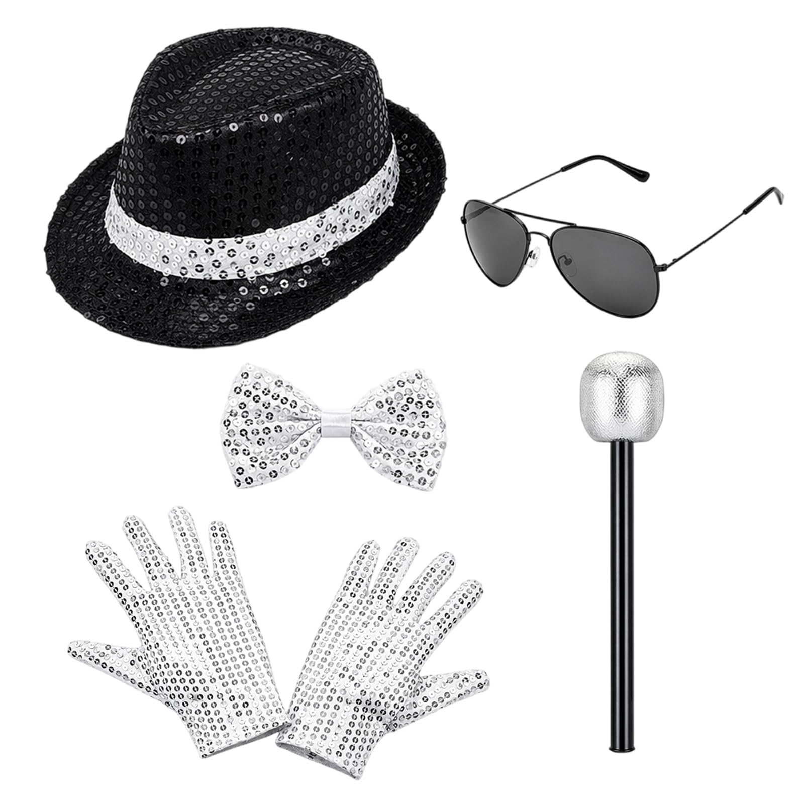 6 Pcs Pop Star Costume Accessories Set for Adults, 80s Dancer Rocker Star Cosplay Set with Jazz Hat, Gloves, Sunglasses, Microphone, Bow Tie, Fancy Dress Accessories for Carnival Halloween Theme Party