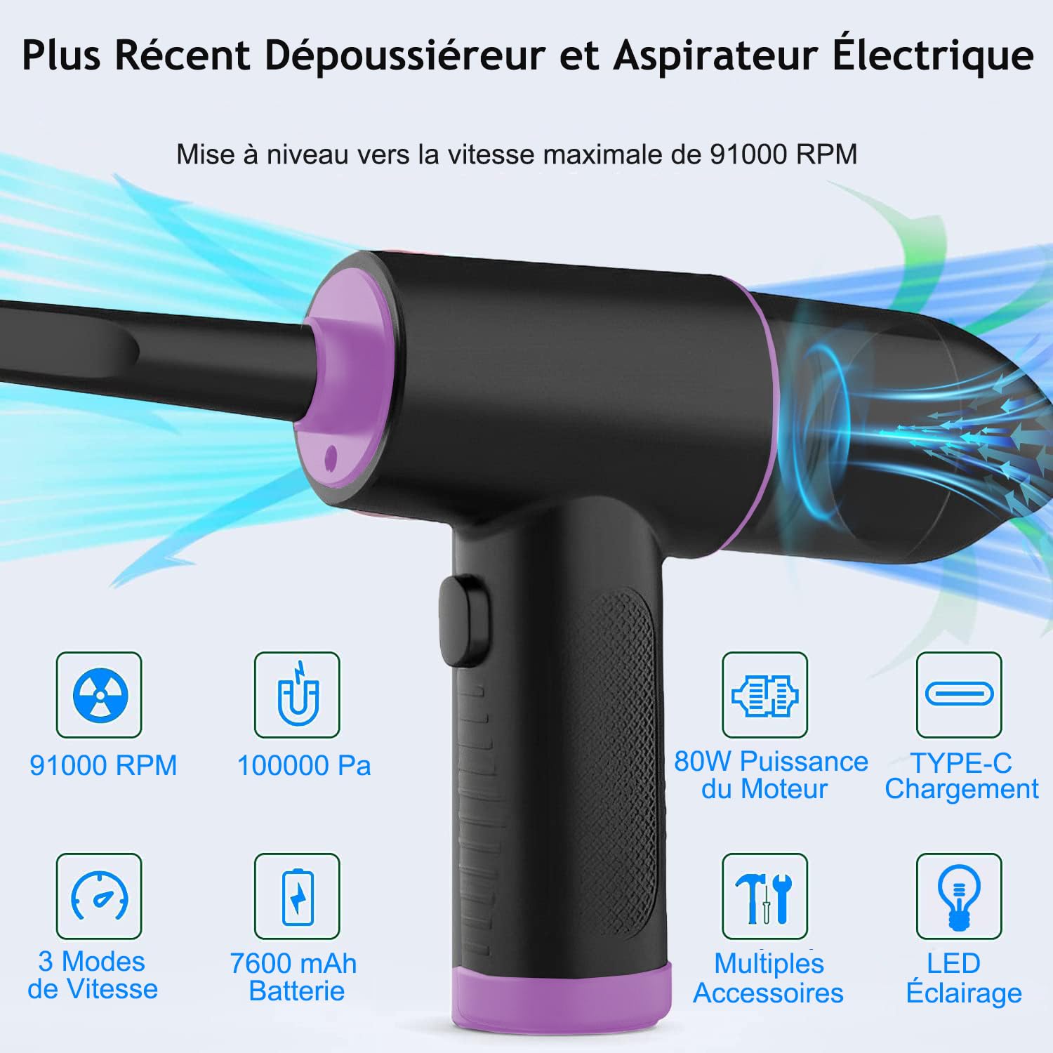 Souffleur Air Comprimé et Aspirateur 2 en 1, Bombe Air Sec - Nettoyage PC,7600 mAh,91000RPM électrique Air Comprimé Nettoyage PC pour Ordinateur,Clavier,Voiture Nettoyage
