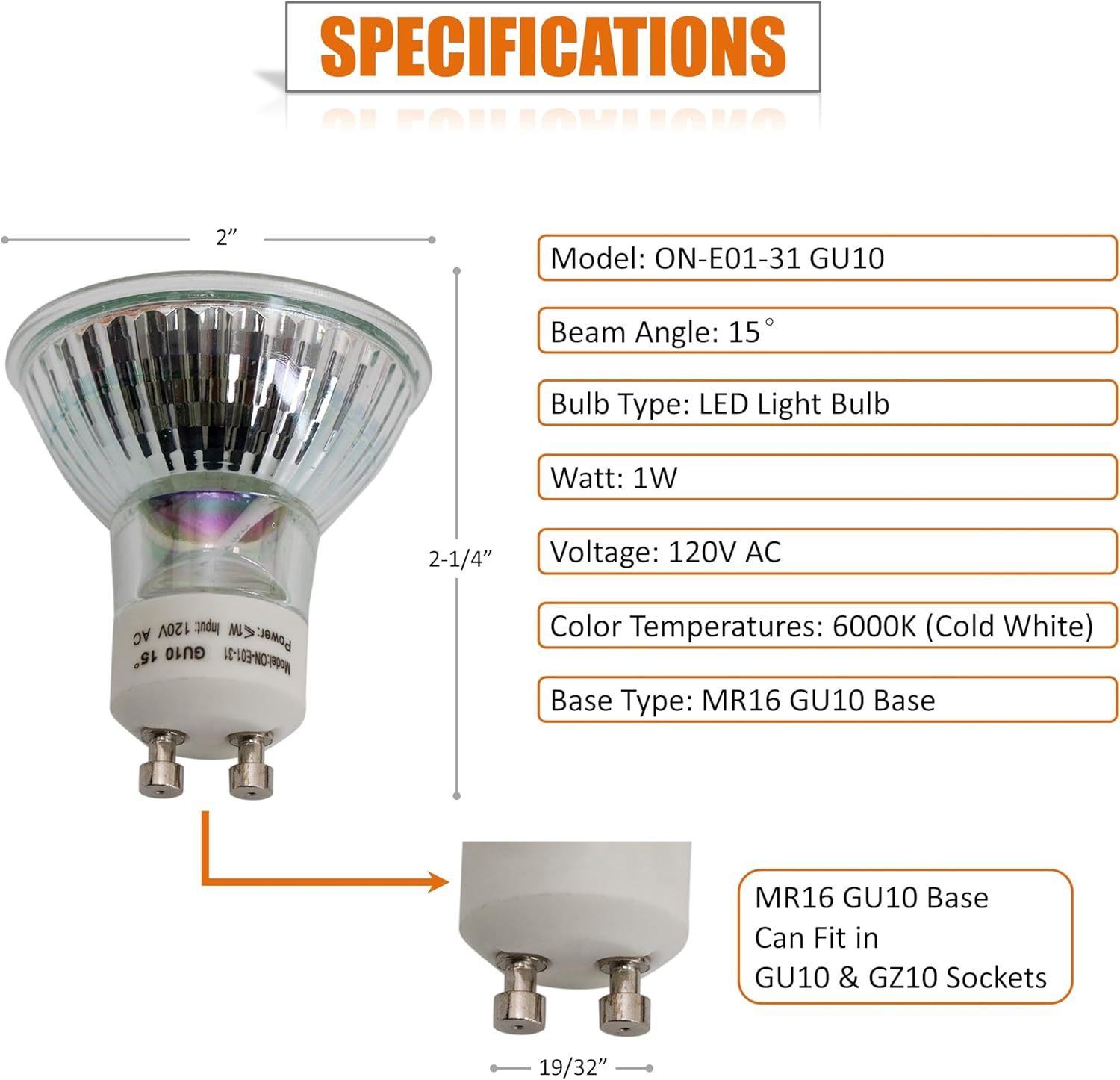 Awoco ON-E01-31, GU10 LED Light Bulbs, 1W, 6000K Daylight Cold White, 120V, MR16 LED Bulb for Kitchen Replacement, Range Hood, Spotlight.