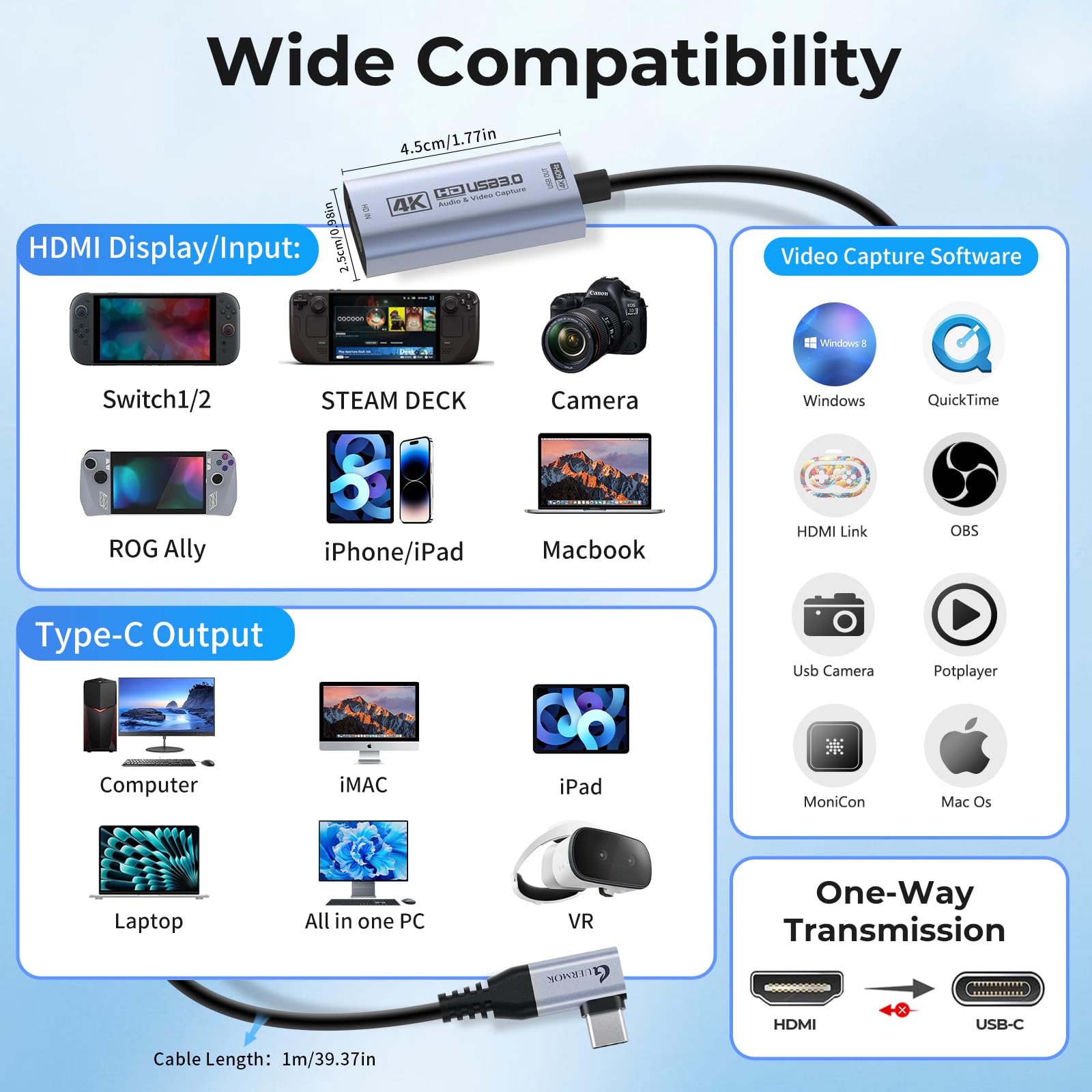 Guermok Carte de Capture Vidéo 4K 60FPS, USB-C 90°, 1m, 1080P 240FPS USB3.0 HDMI vers USB A/C pour Streaming, Compatible Pad, Switch 2/1, Quest 3, Mac, PC, OBS