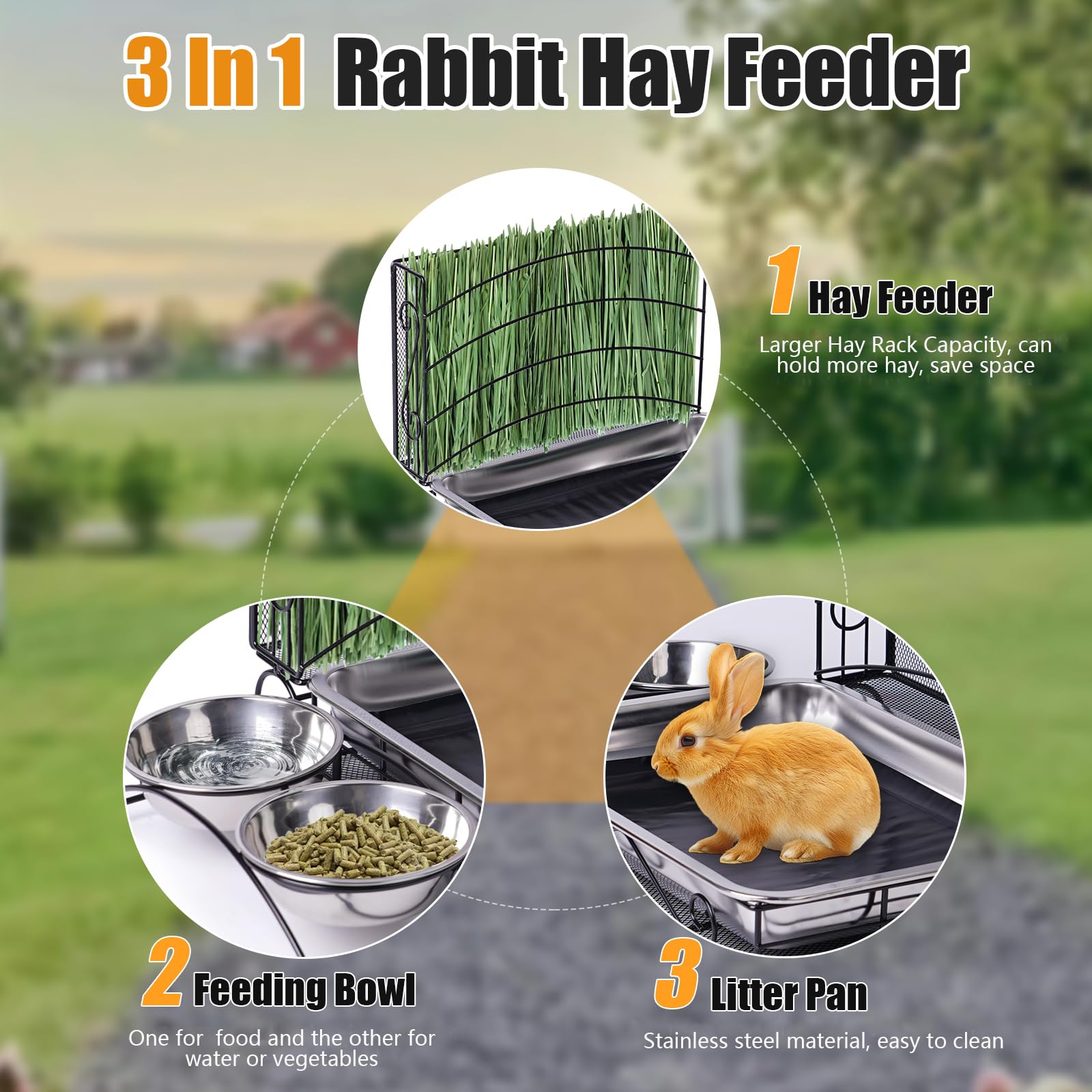 Kaninchen-Heu-Futterstation mit Katzentoilette, 3-in-1 Hasen-Futterstation aus Metall, kein Durcheinander, für Kaninchen, Heu, Halter, WC, mit Wasser-Futterstation, 2 Schalen für