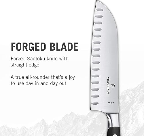 Miniatura 2 de Victorinox Grand Maitre Santoku - Cuchillo de cortar ergonómico y afilado para artículos esenciales de cocina, mango negro, borde Granton, 7 pulgadas