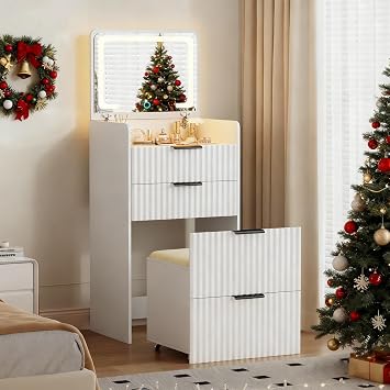 LED 3 in 1 Vanity Desk with Flip Top Mirror for Bedroom, White