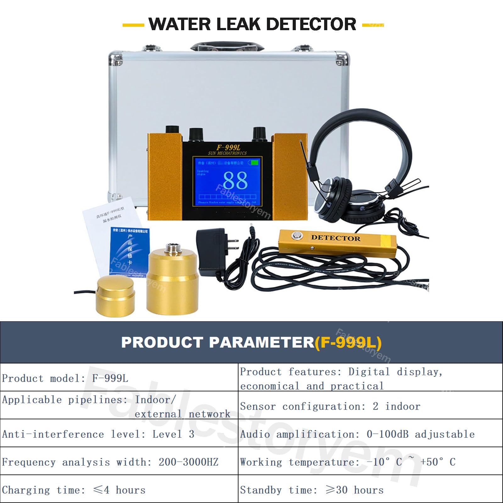 Kit de détecteur de fuite d'eau – Capteur de fuite souterrain, géophone pour piscine et maison, 4 modes de fréquence, moniteur de fuite de tuyau d'eau