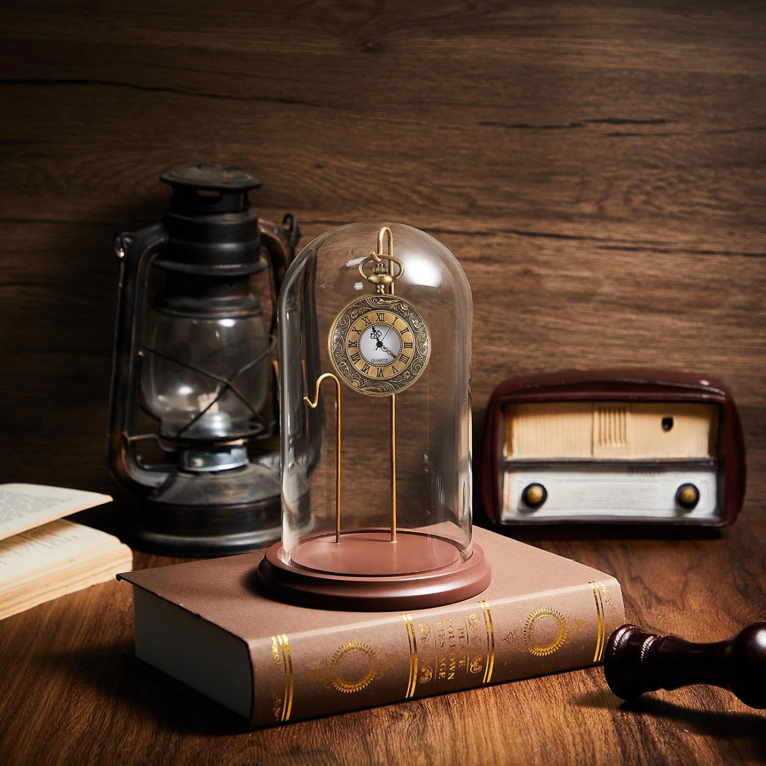 4 x 7 Inch Pocket Watch Glass Display Dome Cloche with 2 Hooks Clear Pocket Watch Display Case Stand Glass Cloche Showcase with Wooden Base for Ornaments Medals Photos Collectibles