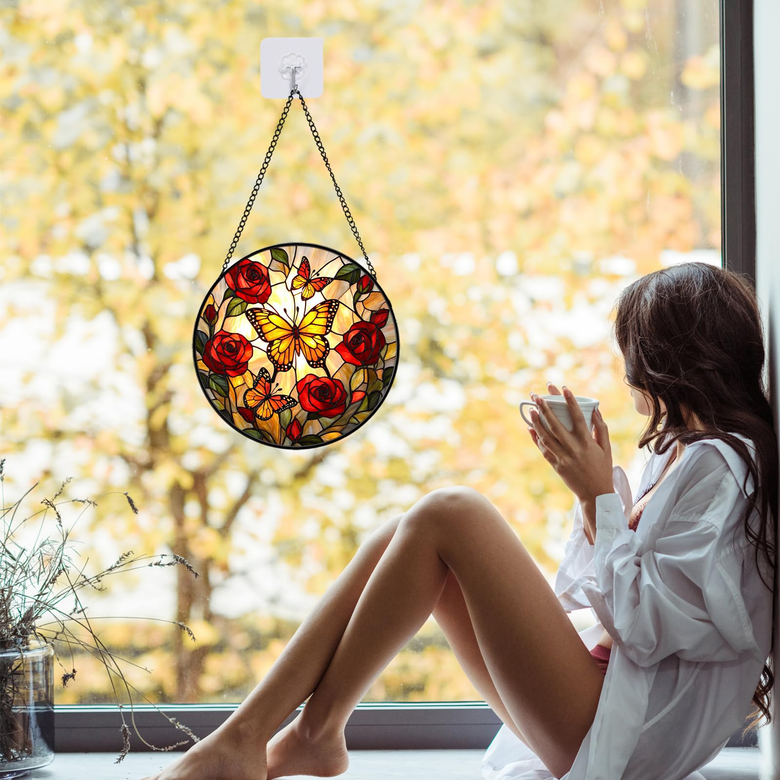 Atrapasueños de mariposa para colgar en la ventana, atrapasueños de rosas de flores para decoración de ventanas interiores, vitrales para decoración del hogar, regalo para mujeres, mamá 035
