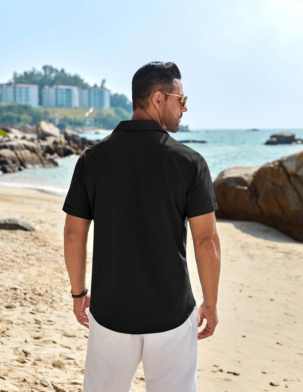 COOFANDY Mens Linen Shirt Short Sleeve Button Down Casual Plaid Summer Beach Black - Image 4