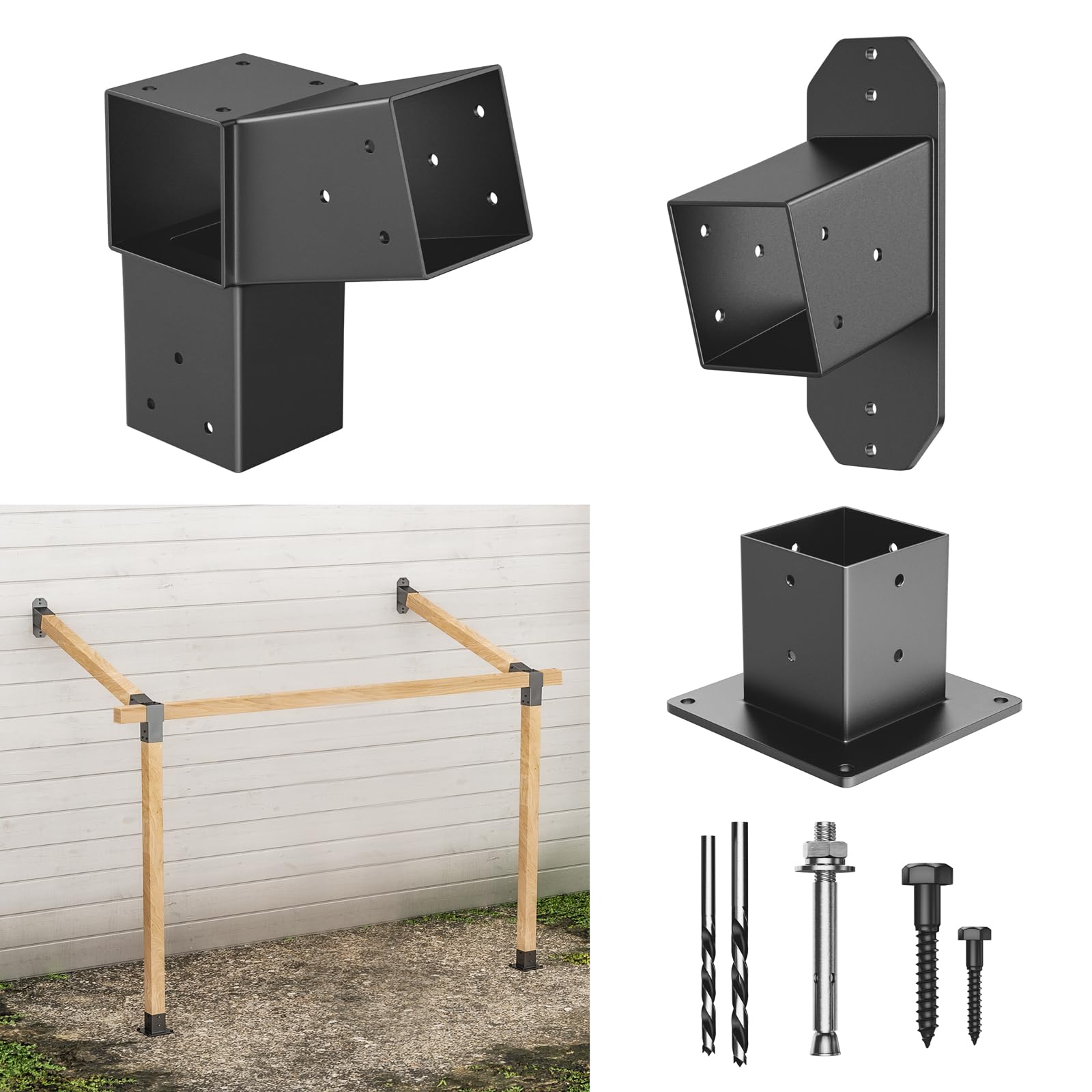 2 Pack Stainless Steel 15° Slanted roof pergola Bracket, firewood Sheds roof kit (3-Way End Corner), black