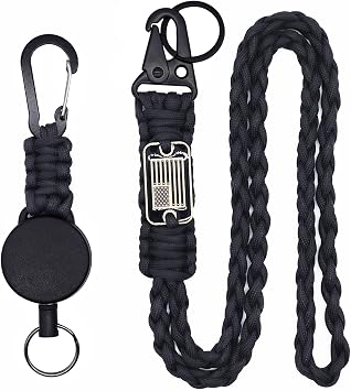 2 Pcs Retractable Keychain, Heavy Duty Carabiner Badge Holder with Extendable ID Clip Reel, USA Flag Paracord Lanyard, Steel Cable & Parachute Rope Necklace