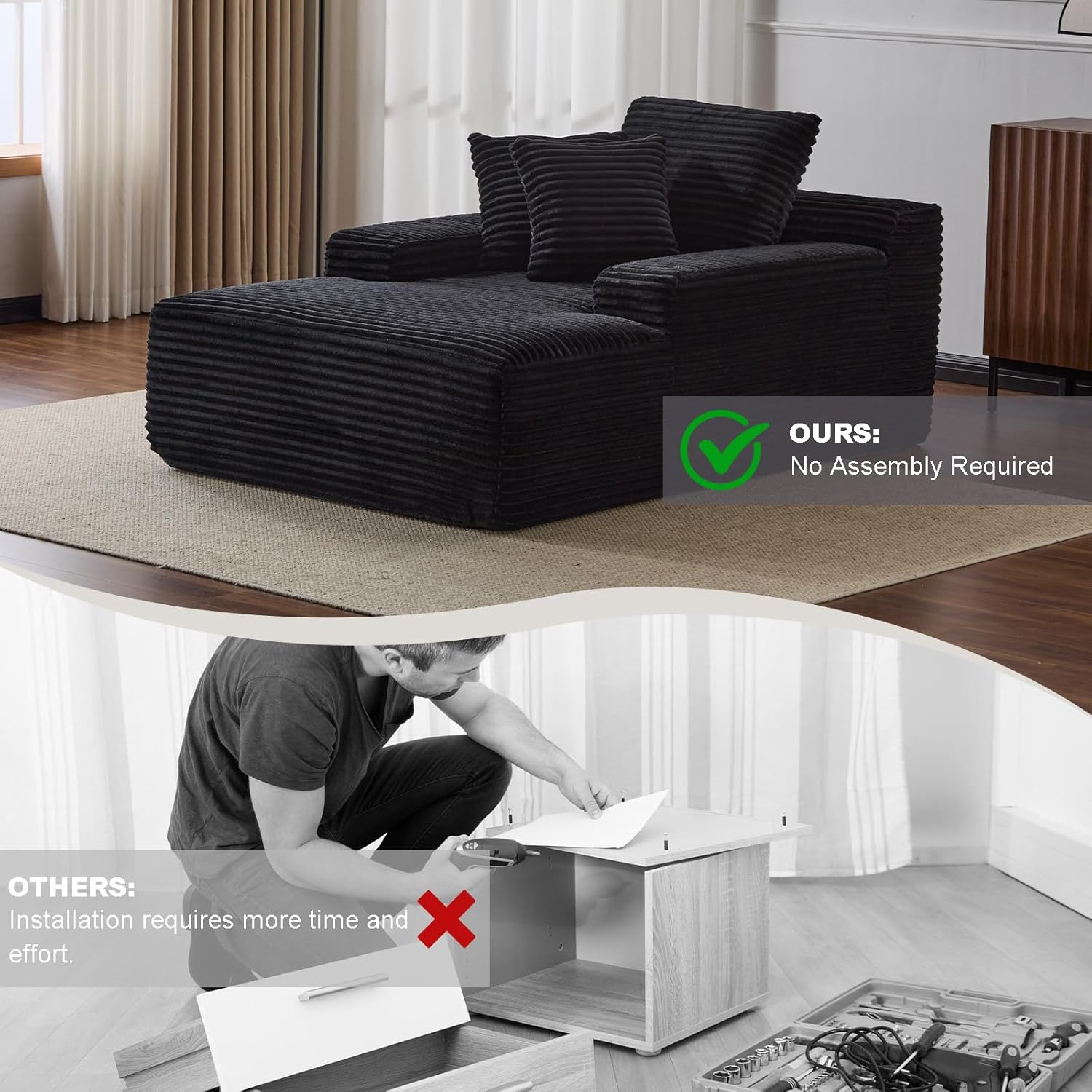Image showing the HRVEOCEI chaise lounge unboxed and ready for decompression, highlighting its no-assembly design.