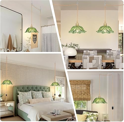 Miniatura 7 de Lámparas colgantes enchufables, lámpara colgante con cable interruptor de encendidoapagado, pantalla de cristal verde E26, iluminación colgante para