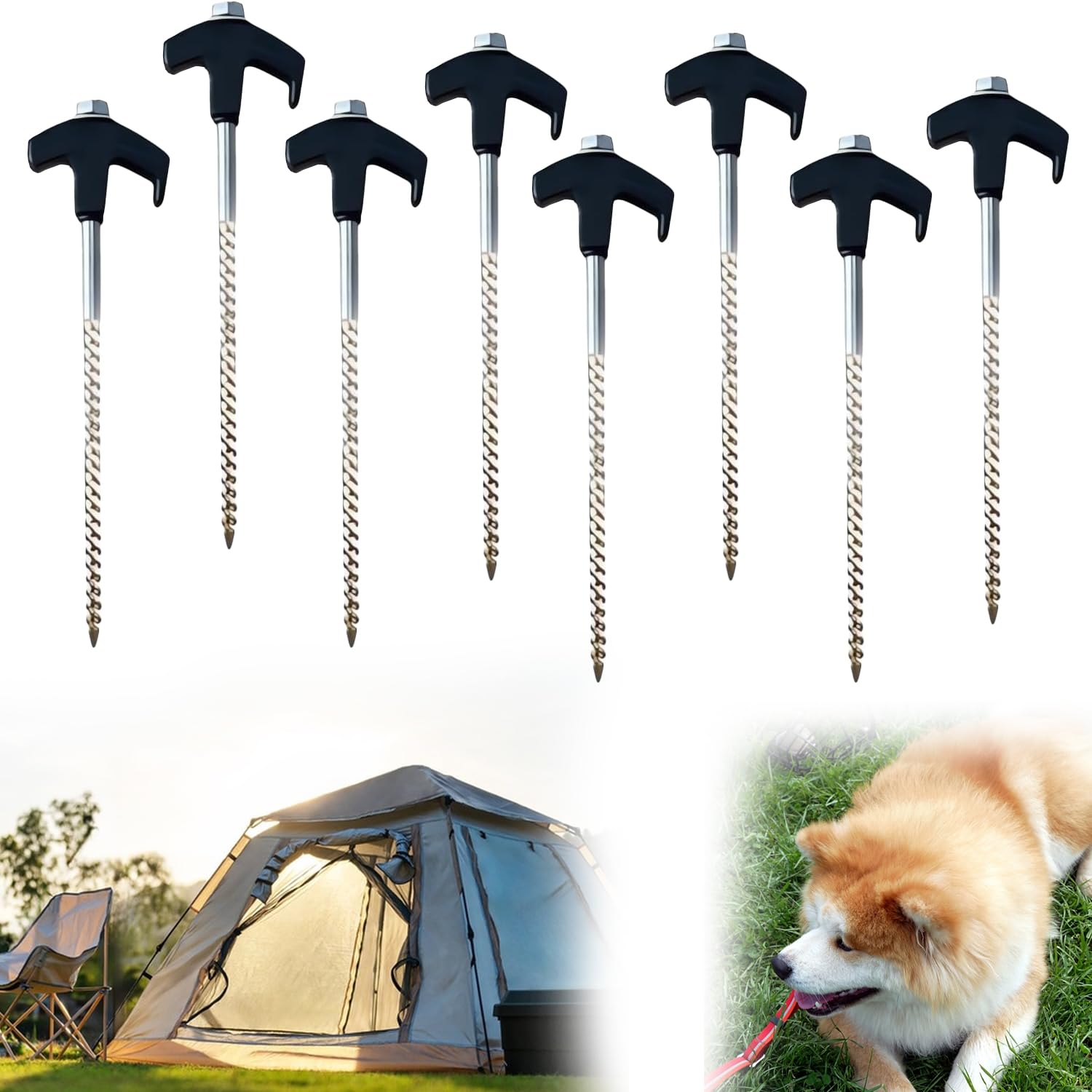8" Screw in Tent Stakes Heavy Duty, Ground Anchors Screw in, Metal Threaded Tent Spikes, Tent Pegs Camping Stakes, Tent Stakes for Trampoline Tent Canopy Dog Anchors Outdoor Camping (8PCS, Black)