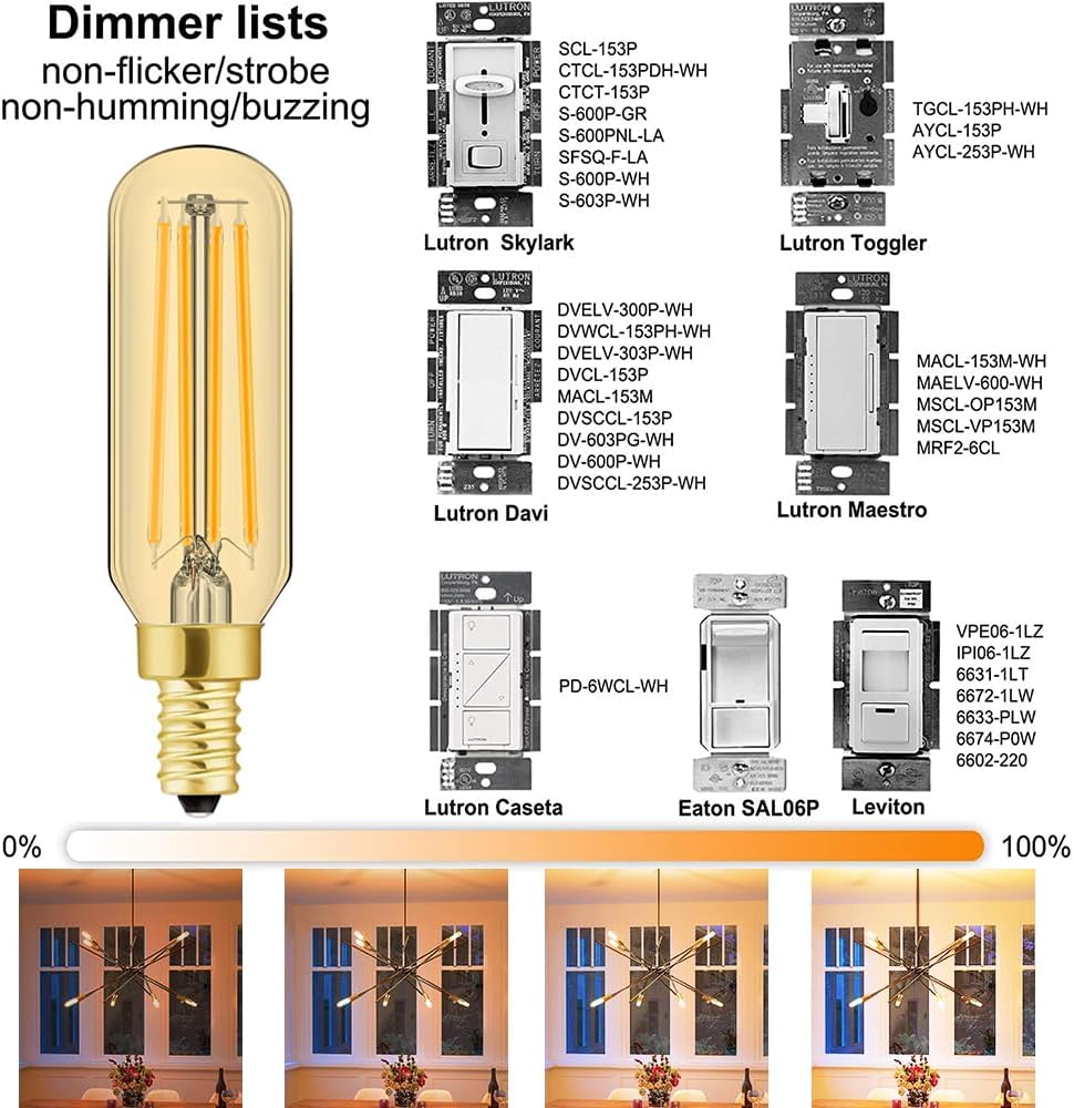 Leools E12 LED Dimmable 8W Equal 75 watt Amber Warm White 2700K T6 T25 E12 Candelabra Bulb for Chandeliers,Ceiling Fan,Pendant,Wall sconces AC120V 750LM e12 Light Bulb 6Pack