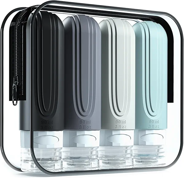 Mrsdry Travel Bottles for Toiletries, Tsa Approved 3oz Travel Size Containers BPA Free Leak Proof Refillable Liquid Silicone Squeezable Travel Accessories for Shampoo Conditioner Lotion (4 Pack)