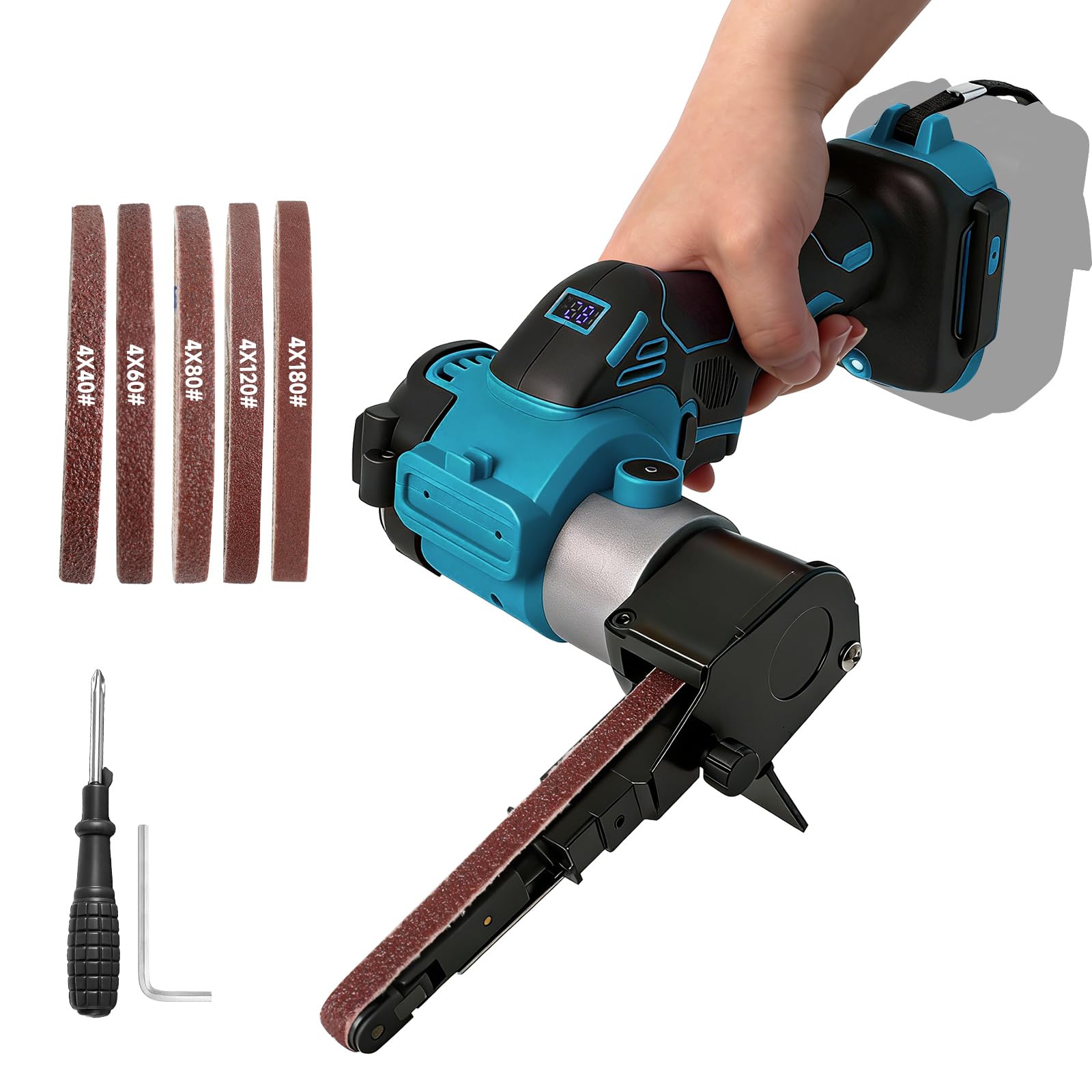 Cordless Belt Sander Compatible with Makita 18V Battery, 0-13000RPM 360° Adjustable Brushless Belt Grinder with 20 Sanding Belt for Wood Metal Plastic (Blue for MK)