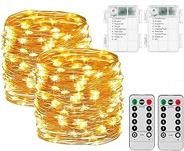 2 Pack 33ft 100 LEDs Fairy Lights Battery Operated, 8 Modes Waterproof Twinkle String Lights, Copper Wire Lights with Remote for Christmas Bedroom Indoor Garden Wedding Party Tree Decor (Warm White)