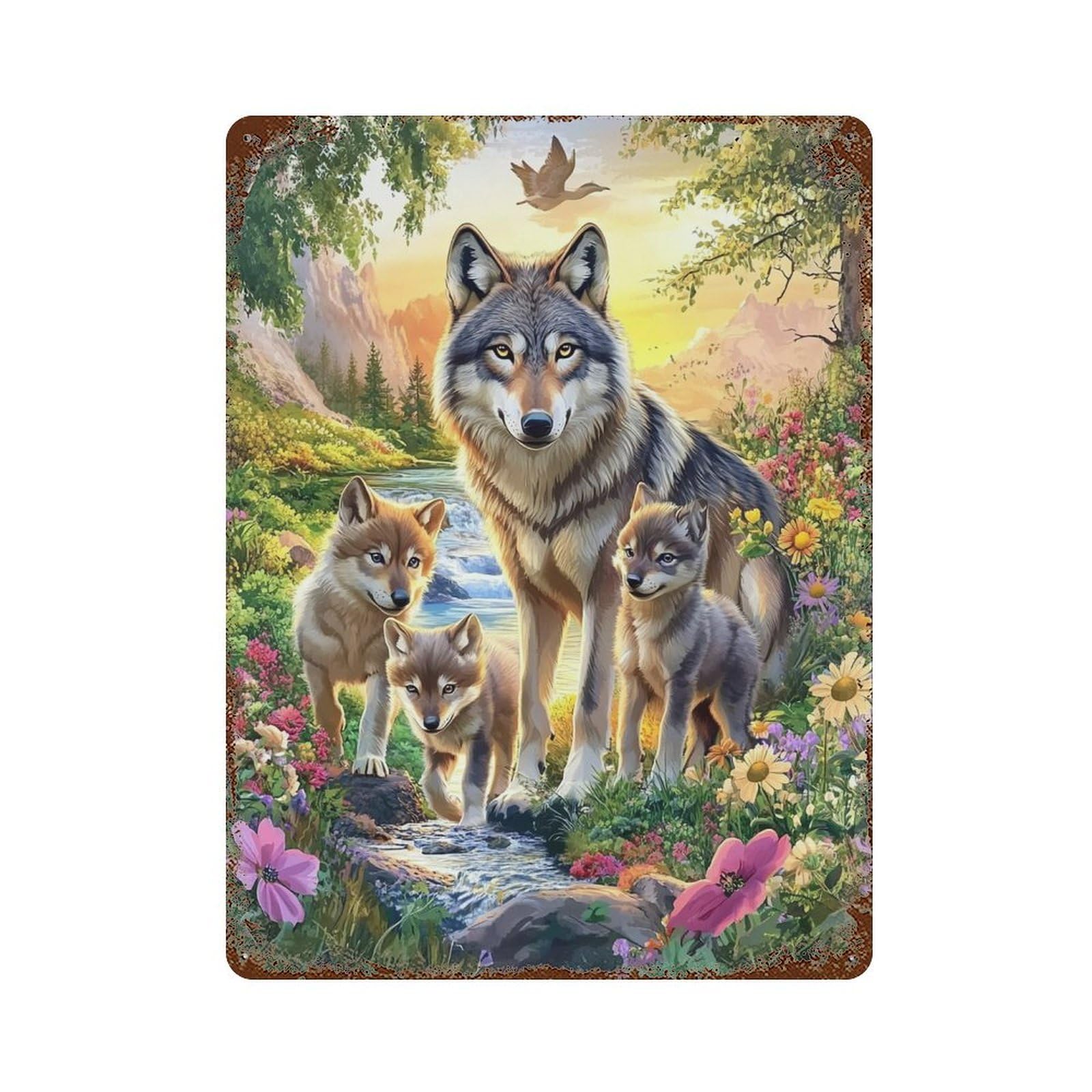 Wolf Family in Flowers Vintage Metal Tin Sign 15.7"x11.8", Ideal for Shed, Workshop And Garage Wall Decor