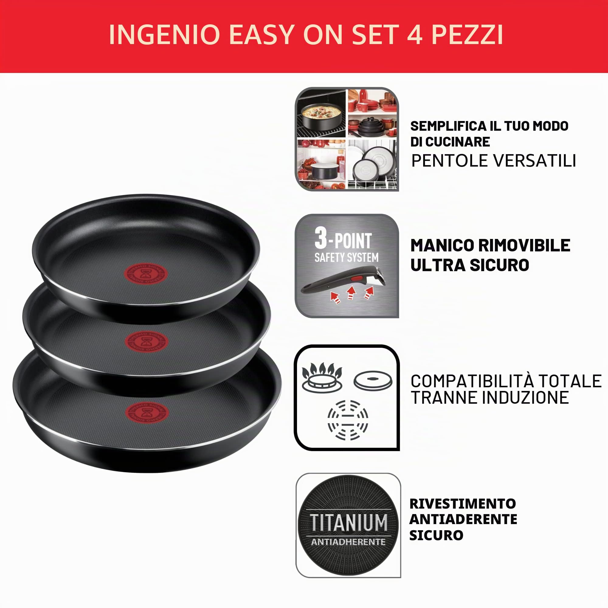 Tefal Ingenio Easy On - Set di 3 padelle + manico estraibile: 3 padelle da 22/24/26 cm, manico rimovibile, padelle antiaderenti, rivestimento titanio, Thermo-signal, lavabile in lavastoviglie e forno