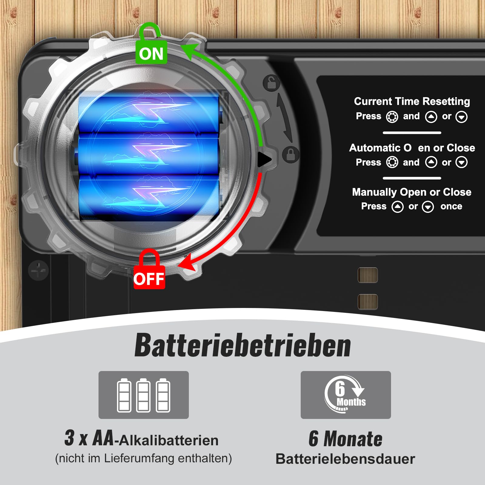 CHAMUTY Aluminum Automatische Hühnerklappe Batterie, Hühnerklappe Automatisch mit Wasserdicht Großes Display, Timer, Manuelle, Elektrische Hühnerklappe Hühnertür, Intelligenter Einklemmschutz, Schwarz