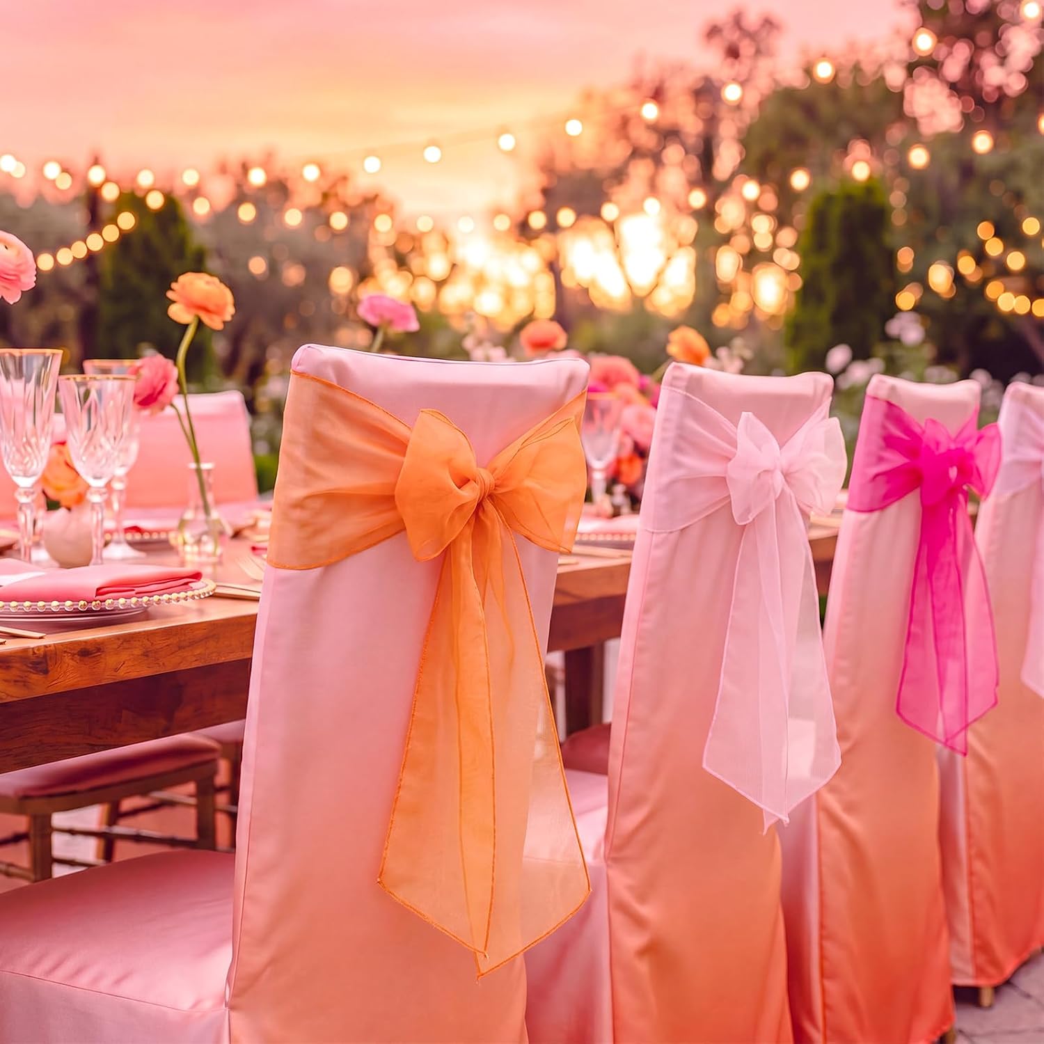 12 Pcs Pink and Orange Chair Sashes Bows Pink and Orange Sunset Party Decorations Sunset Soiree Decor for Wedding Banquet Party Baby Shower Garden Events Decoration, 105.5 x 6.5 Inch