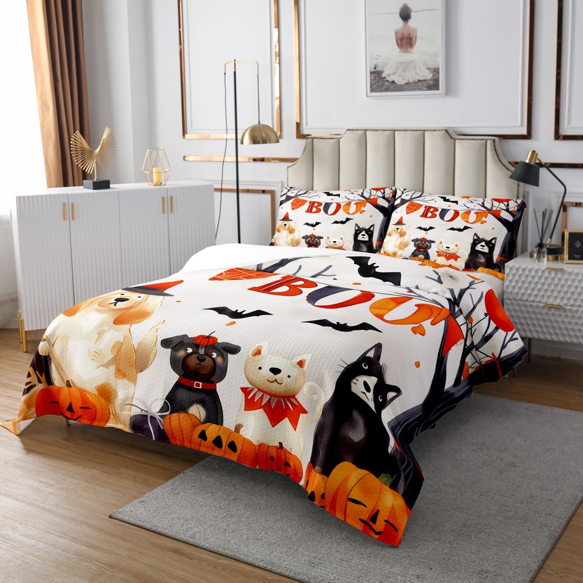 Cute Dog Lightweight Quilt Set for Kids Teens,Pumpkin Lantern Bedspread Coverlet,Halloween Bed Cover Cartoon Animals Bedding Set Decorative Quilted 2 Piece Coverlet Set with 1 Pillow Sham,Twin Size