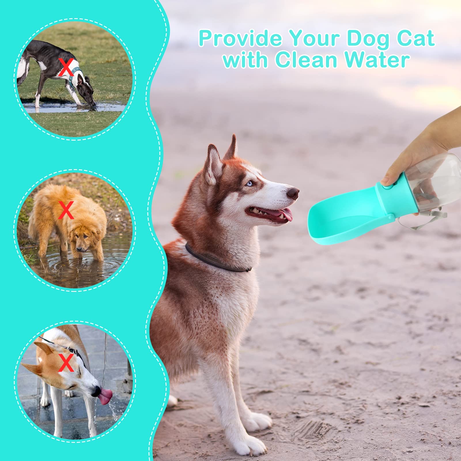 JOPHEK 300ML Botella de Agua para Mascotas, 180°Plegable Botellas de Agua para Perro Gato con Botón de Bloqueo y Filtro de Carbón Activado para Acampar a Pie Todos los Días