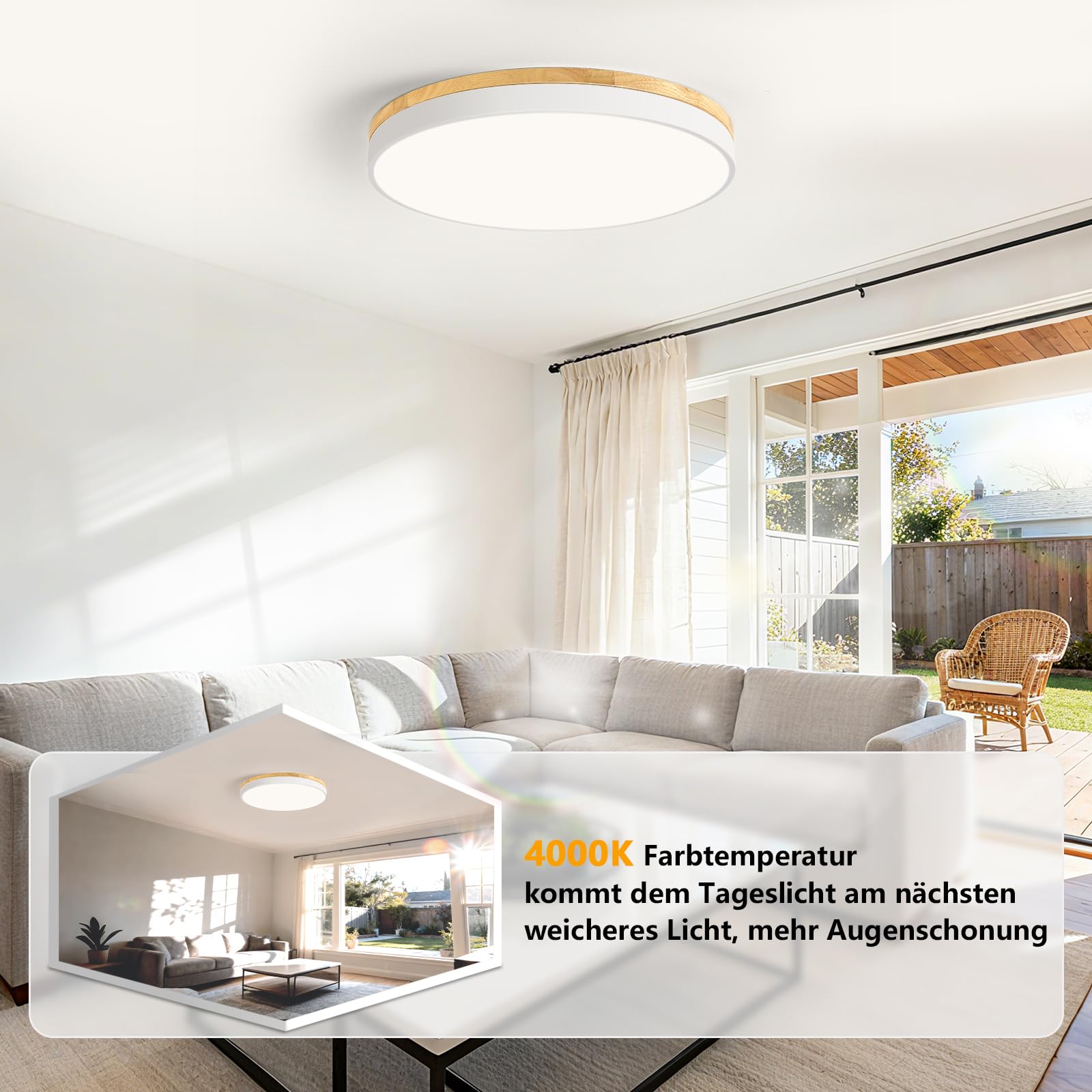 Plafon Led Techo, Plafon Techo Blanco, 4000K, 48W, Ø50 cm | Moderna Lampara Techo Madera, para Dormitorio, Sala de Estar, Comedor, Cocina, Pasillo