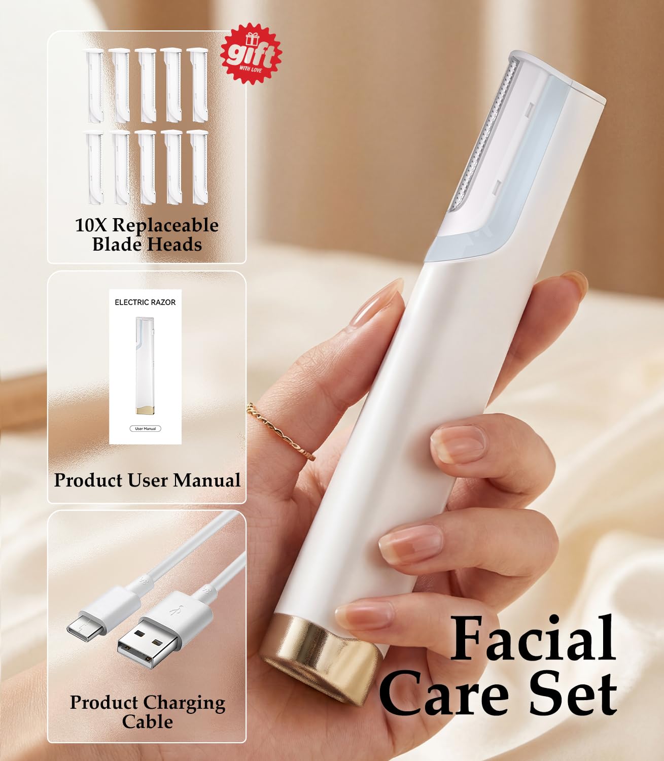 Sonic Dermaplaning for Women Face 【Ultrasonic Precision Hair Removal】Rechargeable dermaplane razor for women face 【Gentle Exfoliation】3-speed adjustment & White LED Light,10 Replacement Blades