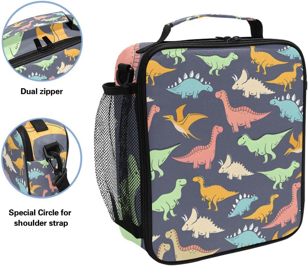 OREZI Colorful Dinosaur School Lunchbox for Boys Girls,Insulated Lunch Tote Bag with Adjustable Strap,Leakproof and Durable Lunch Cooler for Work Office