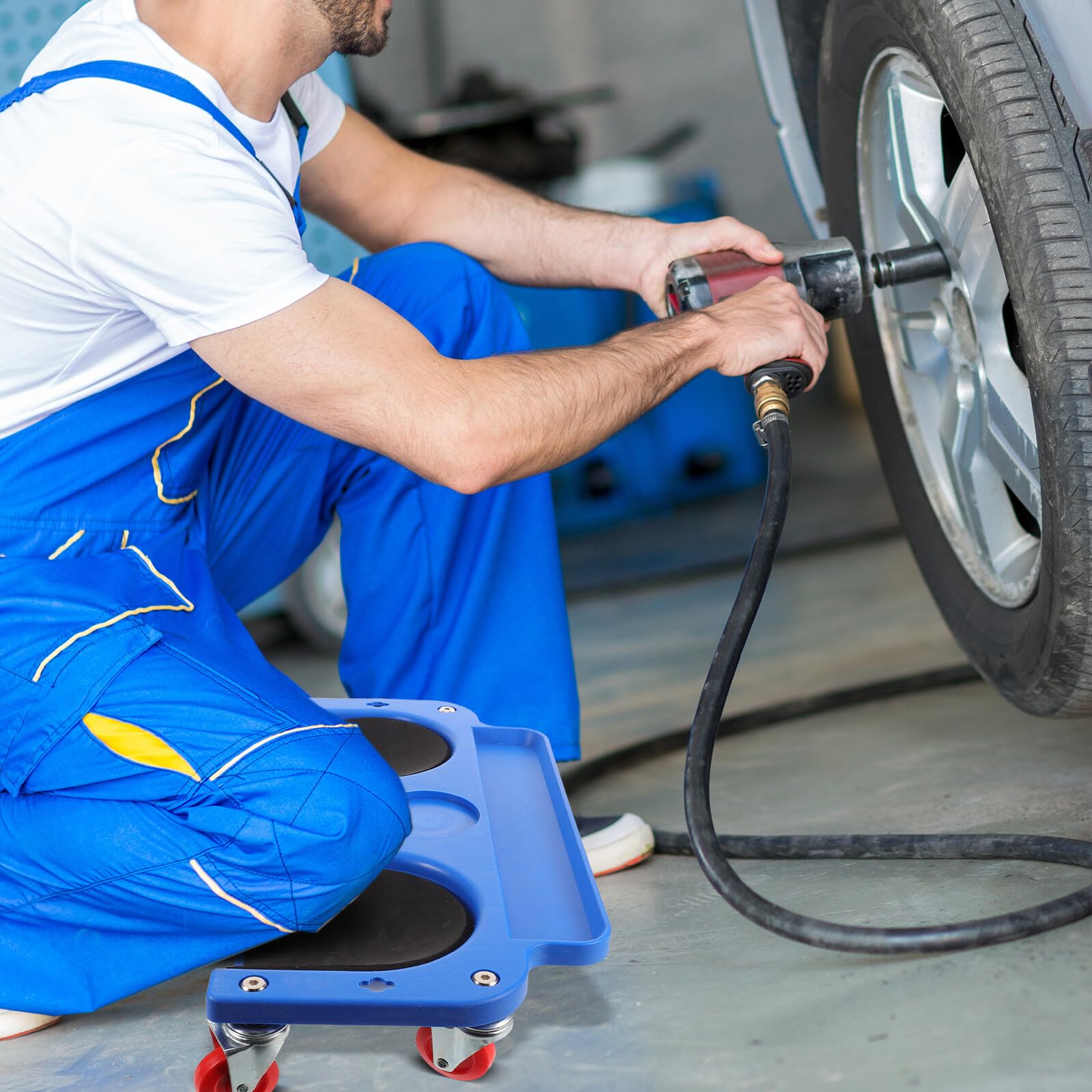 Rodilleras Rodantes para Garaje con 5 Ruedas Giratorias 360°, Cojín Ergonómico Azul, Base Antideslizante para Mecánicos y Mantenimiento Automotriz, Adecuado para Talleres