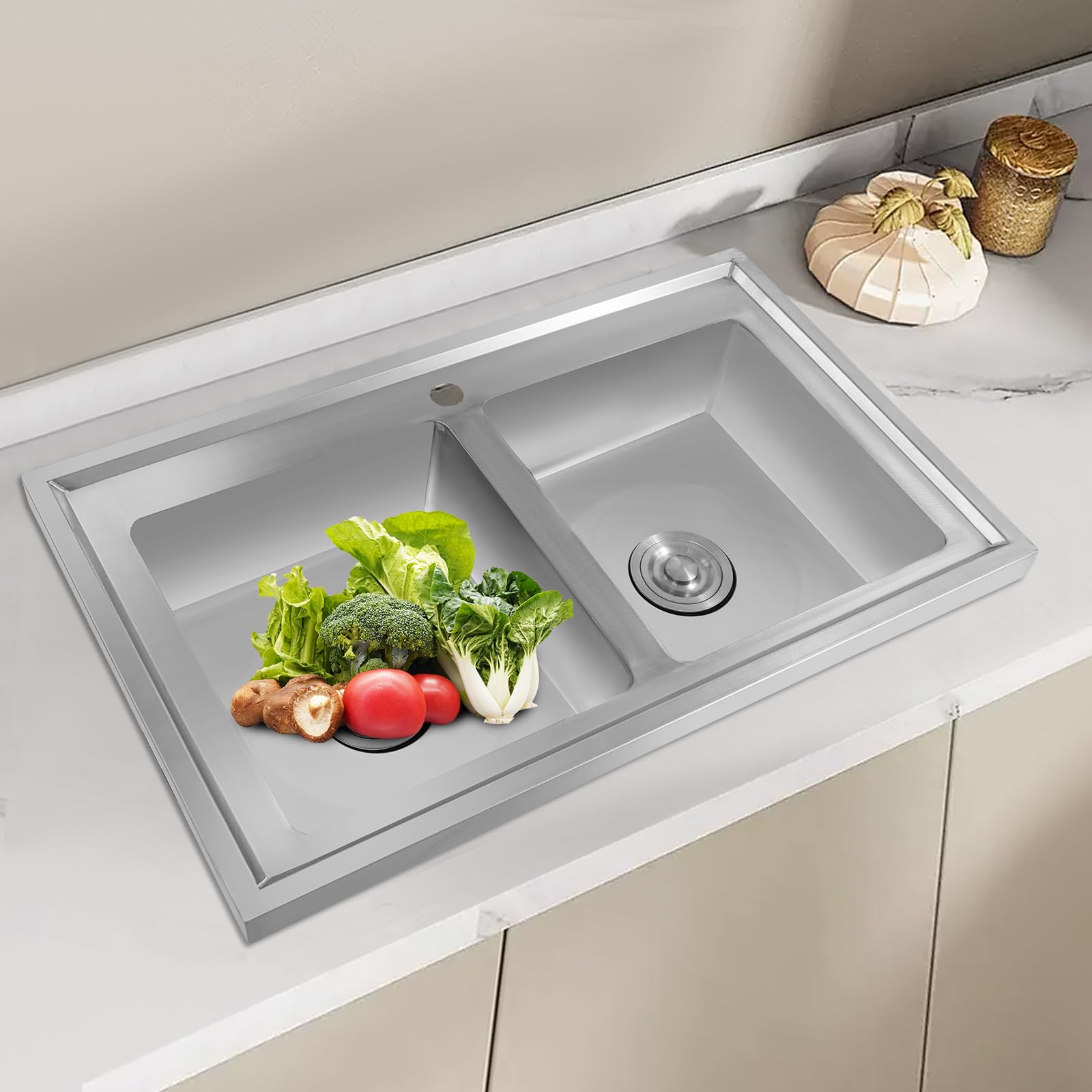 OUKANING Fregadero doble de acero inoxidable 201, 80 x 50 cm, doble fregadero de cocina con borde alto, empotrable con rebosadero, colador de desagüe, resistente a arañazos e inoxidable, para cocina