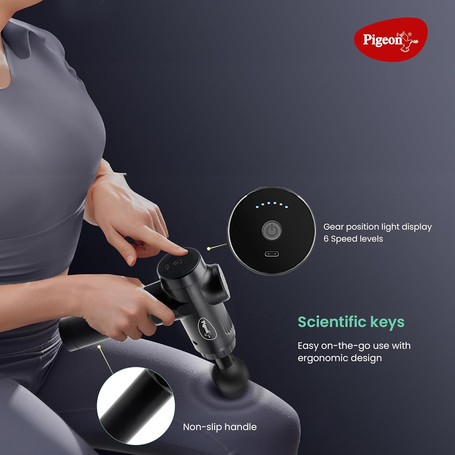 Pigeon Vibe Gun Massager, 6 Heads, 6 Speed, Rechargeable, Handheld, Percussion Muscle Massager for Full Body Pain Relief, Muscle Relaxation of Neck, Shoulder, Back, Foot for Men & Women| Black Pigeon Vibe Gun Massager, 6 Heads, 6 Speed, Rechargeable, Handheld, Percussion Muscle Massager for Full Body Pain Relief, Muscle Relaxation of Neck, Shoulder, Back, Foot for Men & Women| Black