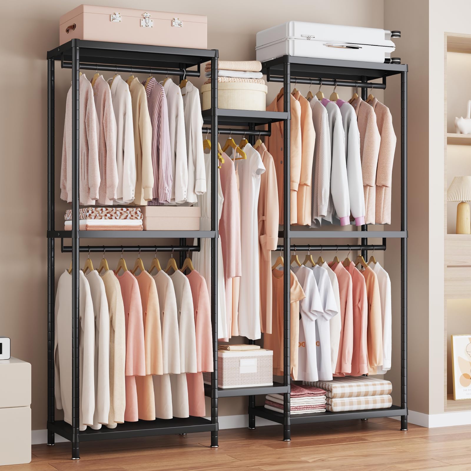 Enjinkail Clothes Rail, 195cm Tall Metal Open Wardrobe with 8 Shelves and 5 Hanging Rails,Max Load 450kg, Heavy Duty Clothes Rack, Black Clothing Rack for Bedroom, 180cm Wide