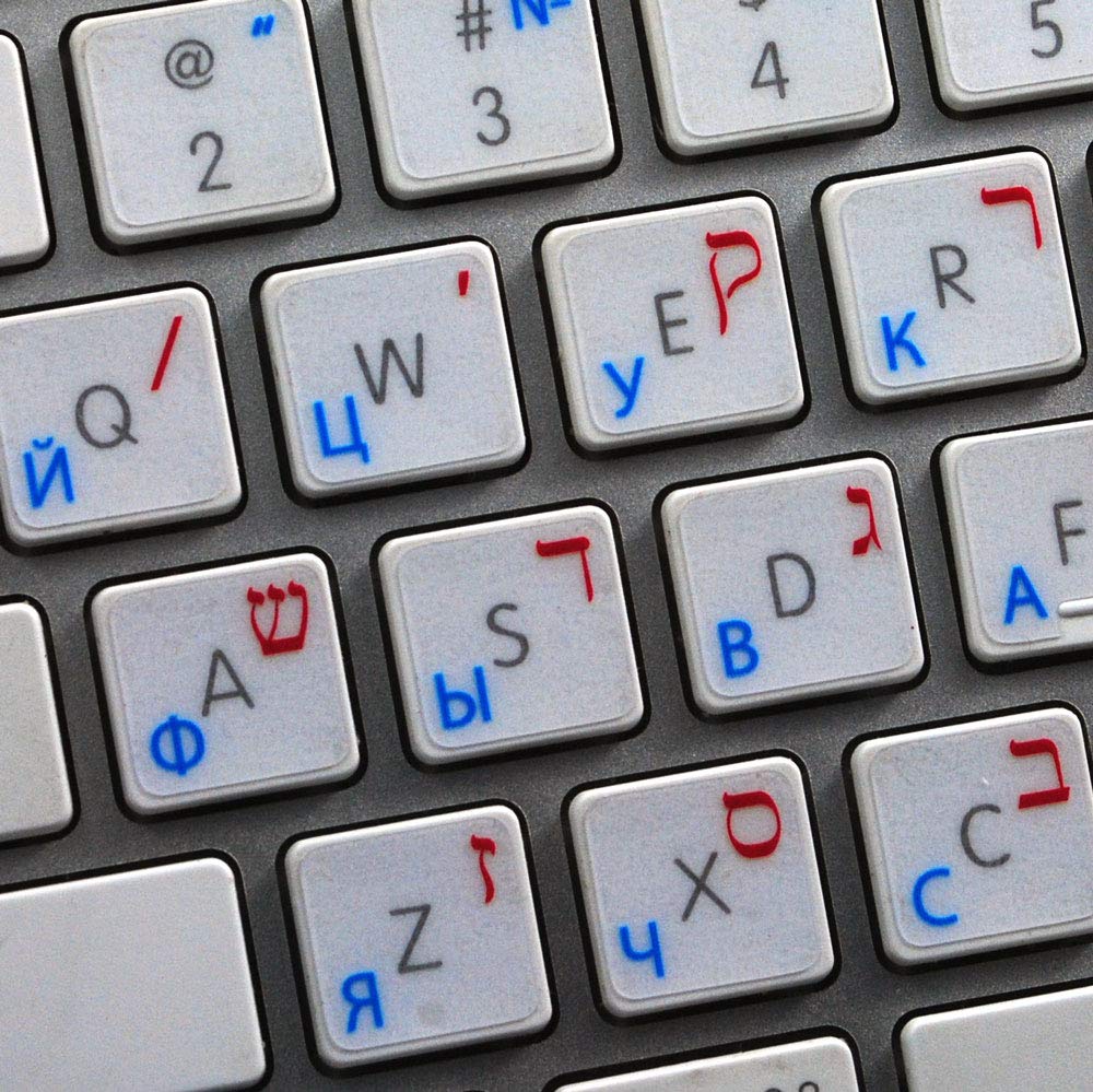 HEBREW RUSSIAN CYRILLIC STICKERS for KEYBOARD with RED and BLUE LETTERING TRANSPARENT BACKGROUND for DESKTOP, LAPTOP and NOTEBOOK are COMPATIBLE with APPLE