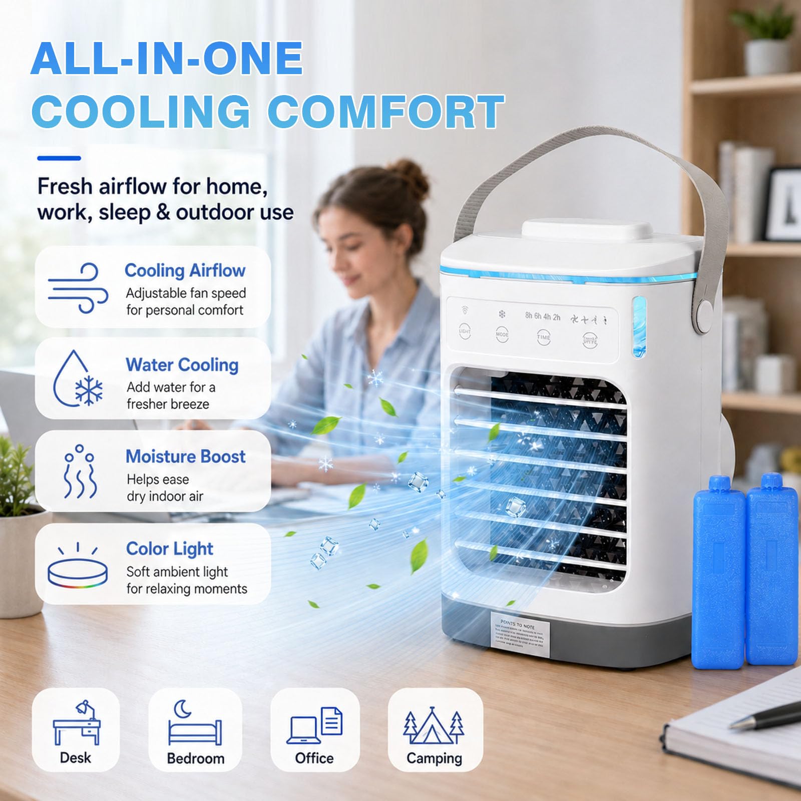 Mobile Klimaanlage Klein, 4 IN 1 Mini Luftkühler mit Wasserkühlung, 4 Geschwindigkeiten, 2-8H Timer, Leiser USB Luftkühler mit 7 Farben LED für Zimmer Büro