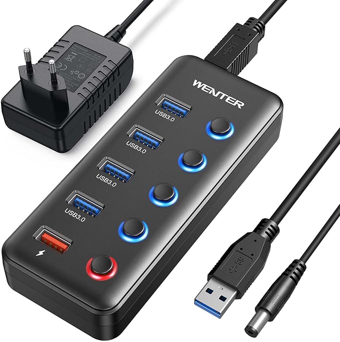 Hub USB 3.0 com alimentação externa 5 portas (4 dados + 1 carregamento) (melhores gadgets até 50€)