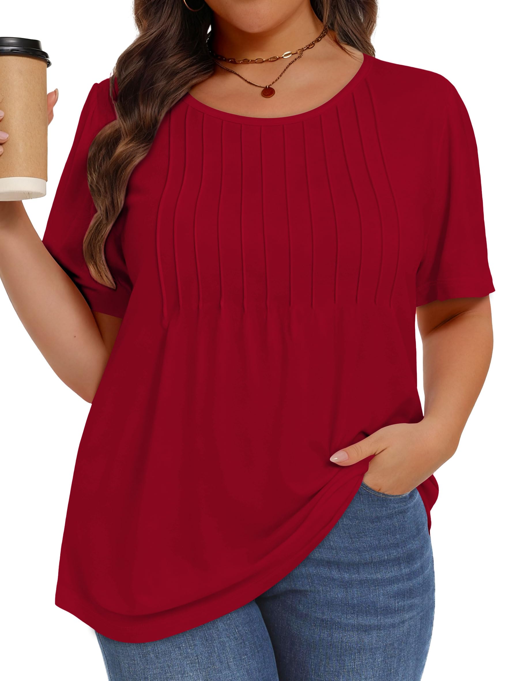 Plus Size Tops for Women Summer Pleated Short Sleeve Shirts Casual Blouses