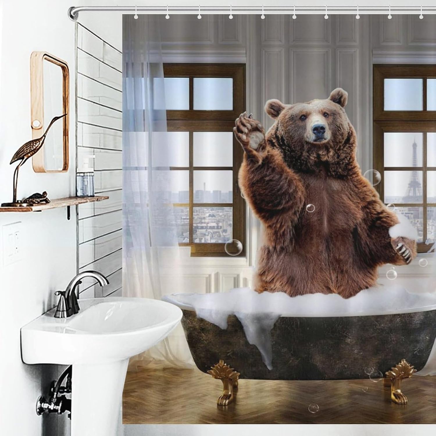 Funny Bear Shower Curtain Cute Animal in The Bathtub Curtain Set with 12 Hooks Fabric Waterproof Curtains for Bathroom Decor Bathtub Accessories 60''x72'' image 2