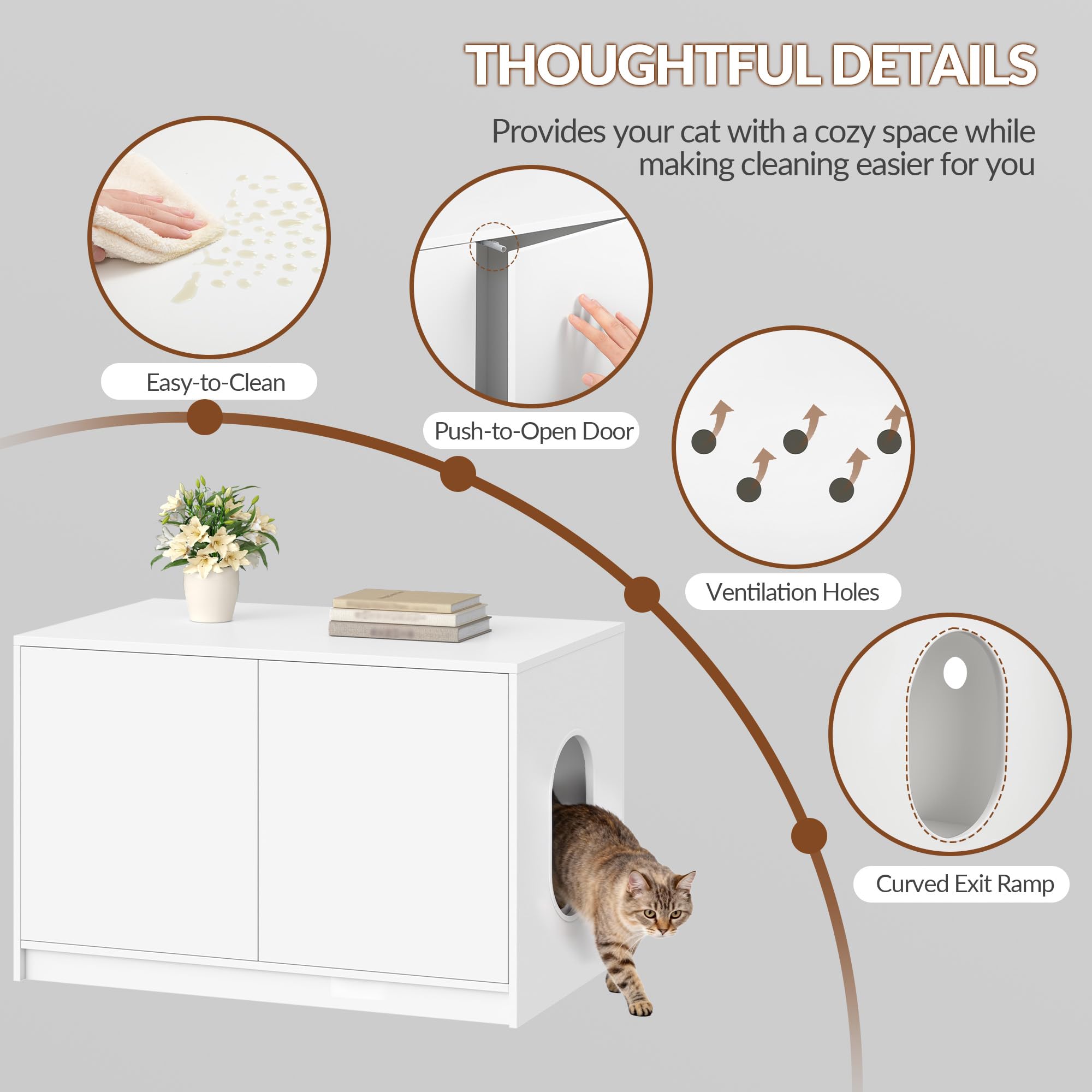 Mueble Arenero Gatos Oculta, 80 x 50 x 51,5 cm, Blanco | Armario para Gato con Puertas que se Abren con un Empujón y Orificios de Ventilación, Casa para Gatos, Minimalista FPCB201PW1