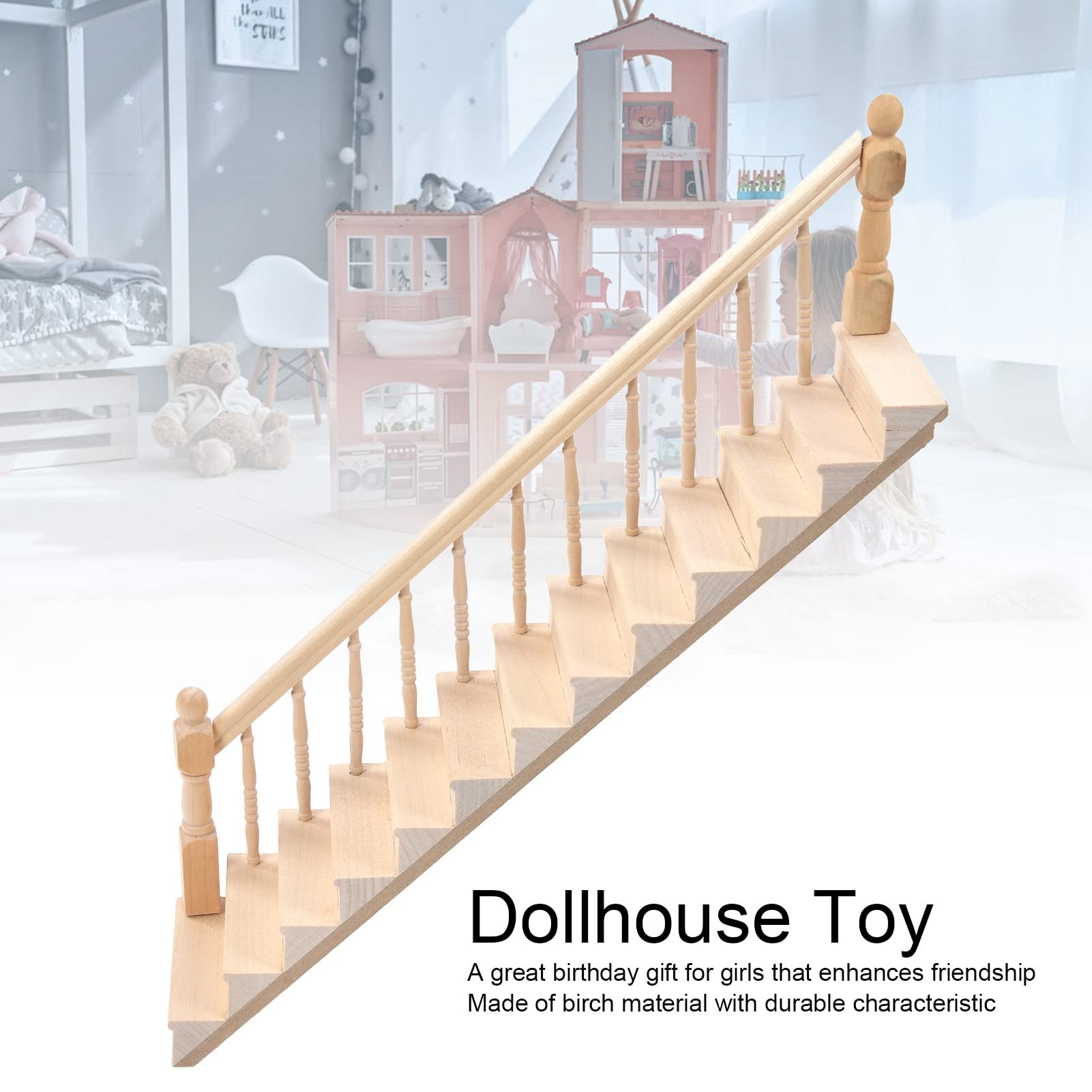 Greensen Miniaturowe Schody Brzozowe Schody do Domku dla Lalek, Niemalowane Brzozowe do Domku dla Lalek 32,5 X 6,7 Cm, Skala 1 12 z poręczą 45 Stopni, Ekspozycja ścienna Majsterkowiczów (lewy