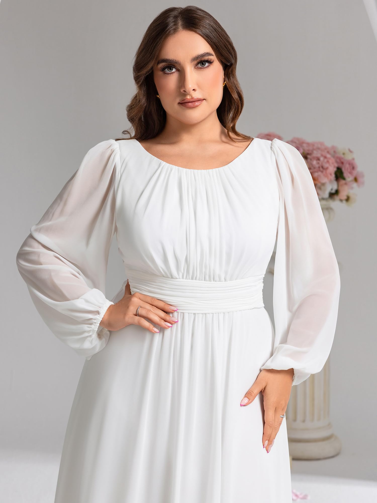 Ever-Pretty Damen-Kleid, Rundhalsausschnitt, lange Ärmel, plissiert, Empire-Taille, Chiffon, fließend, Übergröße, formelles Kleid, Brautjungfernkleid