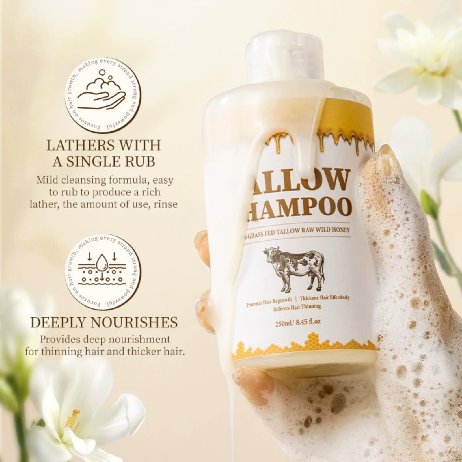 Tallow Shampoo for All Hair Types Volumizing Shampoo Deep Cleansing, Anti-Dandruff Oil Control, Smooth Frizz - Image 2