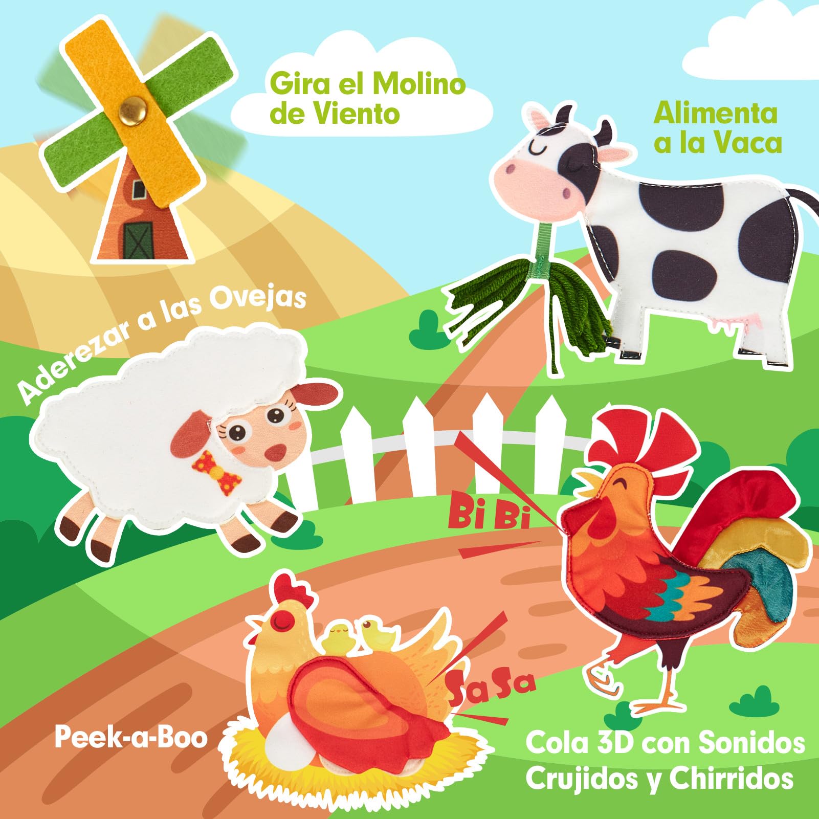 hahaland Libro Montessori 1 año - 20 en 1 Busy Board de Actividad, Libro Interactivo Juguetes Montessori para Niños 1 2 3 años - 10 Páginas Animales Granja