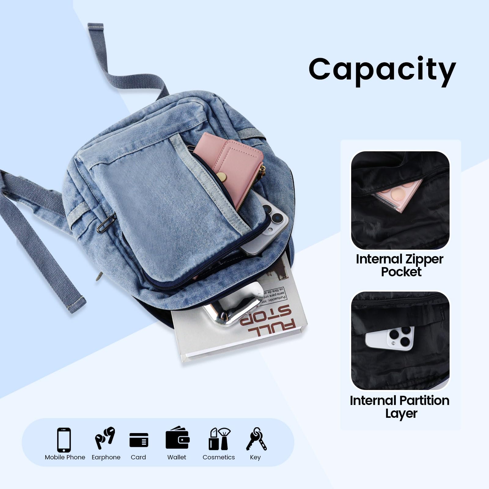 Denim, mały plecak damski, wielofunkcyjny, mały plecak dla kobiet, regulowany pasek na ramię, plecaki damskie do pracy i podróży (ciemnoniebieski)