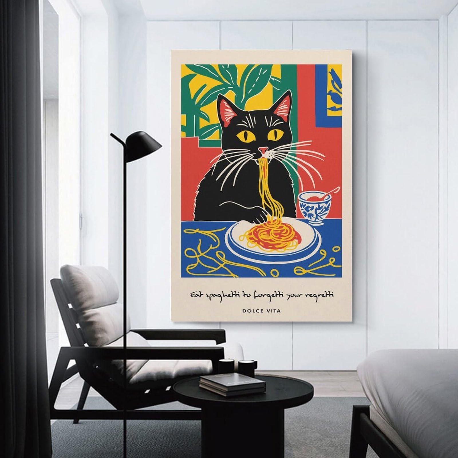 Junmoney Black Cat Eating Spaghetti Art Print Decorative Wall Artwork, 12x18inch(30x45cm), for Home Lounge, Bedroom Or Reading Nook, Eye Catching Artwork for Blank Walls
